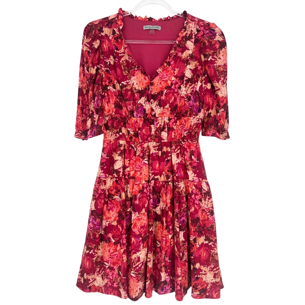 Danny and Nicole Floral Dress Womens 10 Pink Smocked Waist Tiered Boho Party